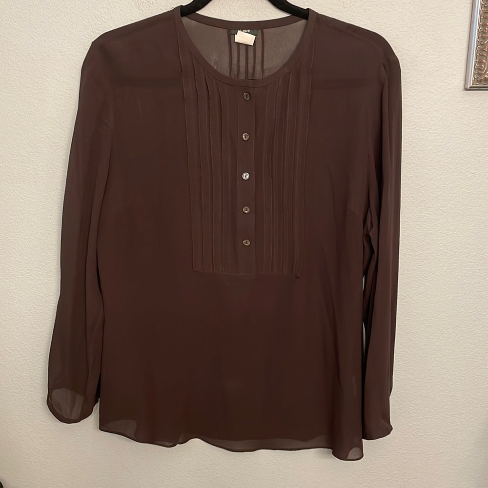 J. Crew Sheer Brown Silk Tux Blouse